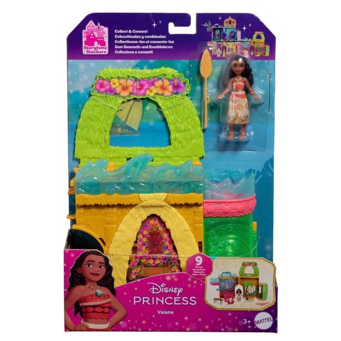 Disney Vaiana Histoires a empiler Coffret de maison de poupée avec une petite poupée Vaiana, 1 ami animal et 9 accessoires - MATTEL