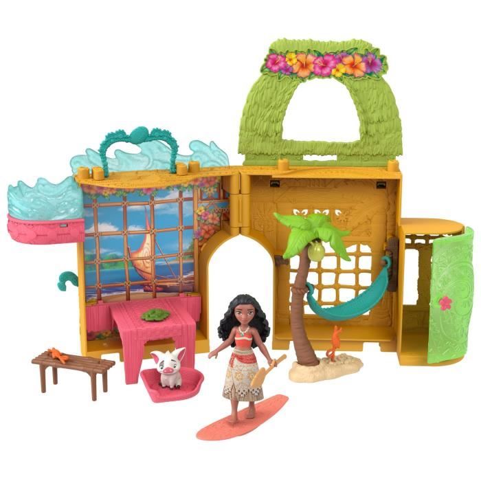 Disney Vaiana Histoires a empiler Coffret de maison de poupée avec une petite poupée Vaiana, 1 ami animal et 9 accessoires - MATTEL