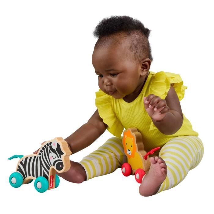 Fisher-Price Animaux a pousser en bois - Véhicule lion et zebre pour jeu a quatre pattes - 2 pieces en bois - des 6 mois - JFN19