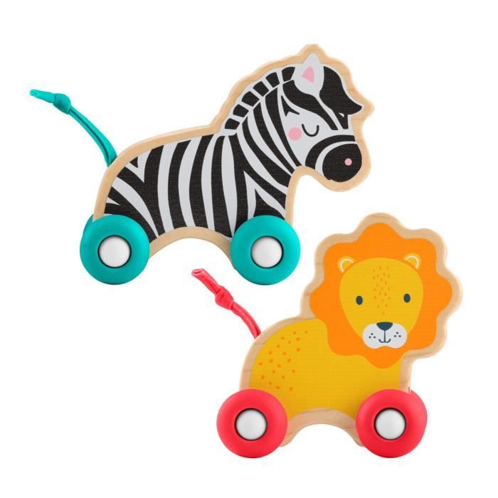 Fisher-Price Animaux a pousser en bois - Véhicule lion et zebre pour jeu a quatre pattes - 2 pieces en bois - des 6 mois - JFN19