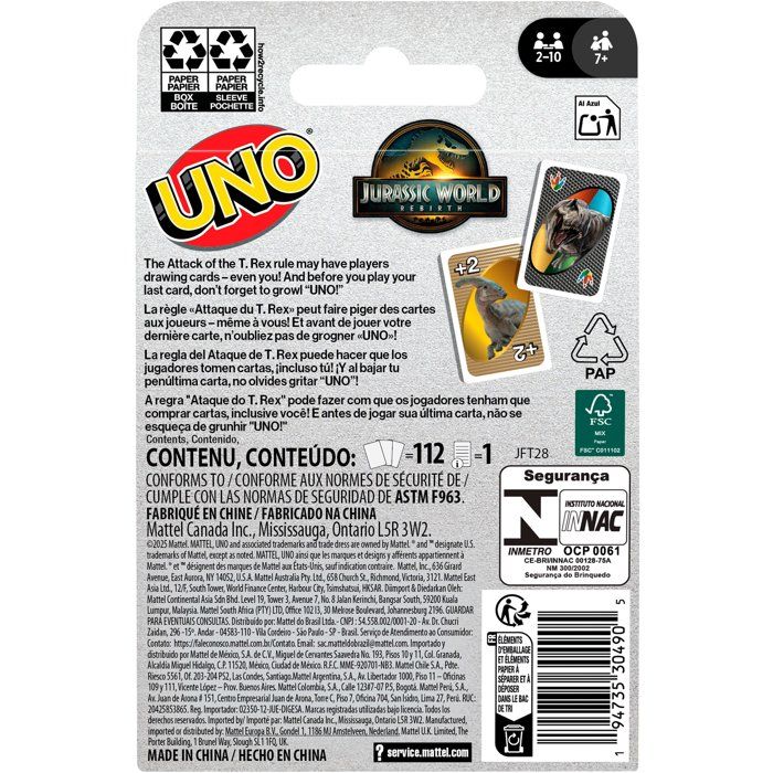 UNO Jurassic World Renaissance - Jeu de cartes - Pour toute la famille - Mattel Games - 7 ans et +