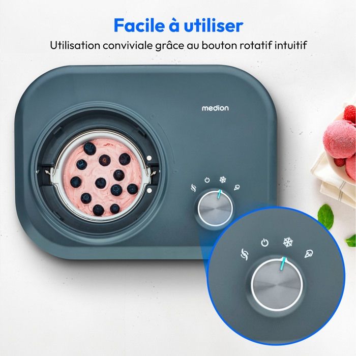 MEDION Machine a glace avec compresseur (convient pour la préparation de cremes glacées, yaourts glacés & sorbets, 1 litre, 100