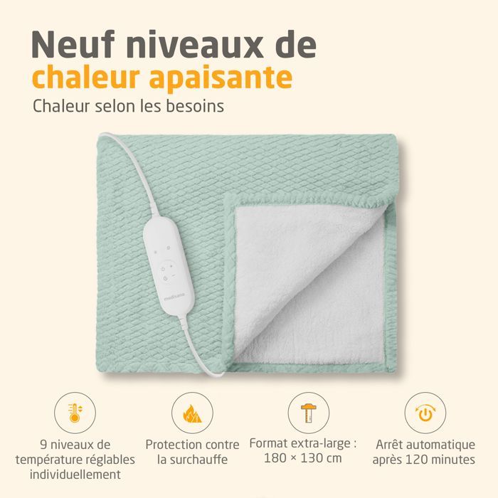 Couverture chauffante reversible - MEDISANA - HB 417 - 120 W - 9 réglages - 180 x 130 cm - Vert