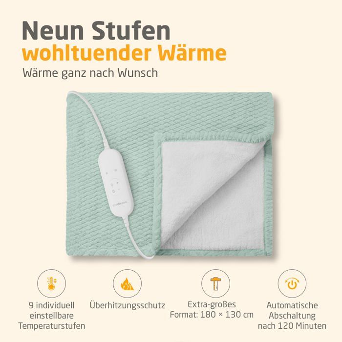 Couverture chauffante reversible - MEDISANA - HB 417 - 120 W - 9 réglages - 180 x 130 cm - Vert