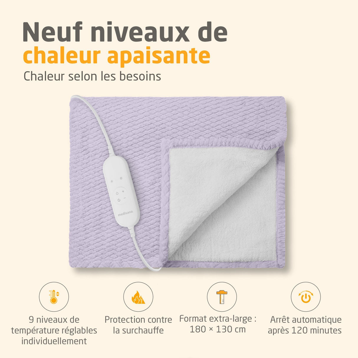 Couverture chauffante reversible - MEDISANA - HB 418 - 120 W - 9 réglages - 180 x 130 cm - Violet