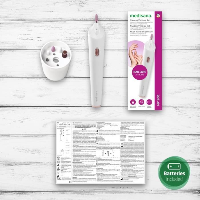 Kit de manucure / pédicure sans fil - MEDISANA - MP 900 - 5 accessoires - Eclairage LED de précision - Blanc