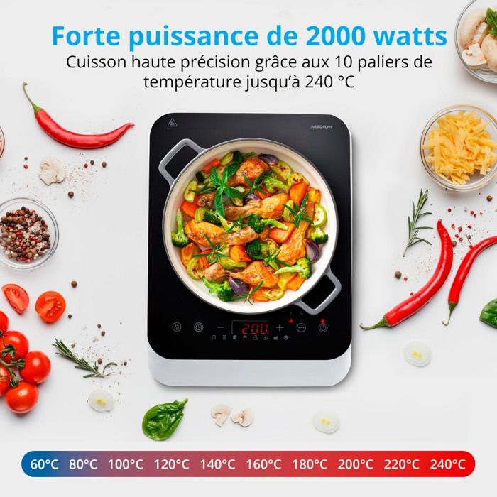 Plaque de cuisson a induction posable - MEDION - 1 feu - 2000 W - 29 x 38,5 x 6,3 cm - MD18490