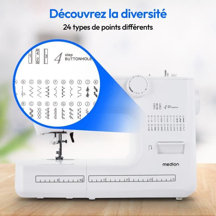 Machine a Coudre - MEDION - SM 60 - 62W - 24 Points + Points Doubles - 700 tr/min - LED - Blanc