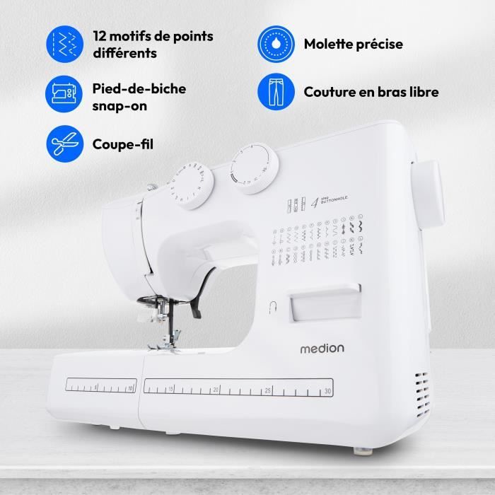 Machine ŕ Coudre - MEDION - SM 60 - 62W - 24 Points + Points Doubles - 700 tr/min - LED - Turquoise