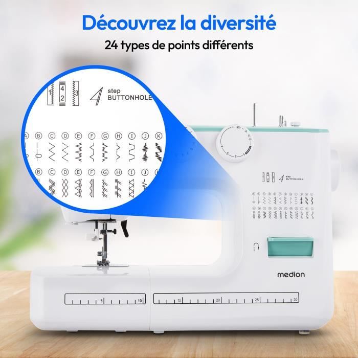 Machine ŕ Coudre - MEDION - SM 60 - 62W - 24 Points + Points Doubles - 700 tr/min - LED - Turquoise
