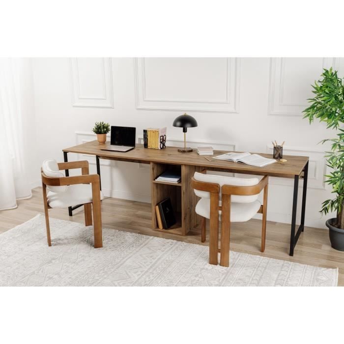 Bureau d'étude moderne avec pieds en métal - TWIN - Pin atlantique / Noir - 240 x 74 x 60 cm