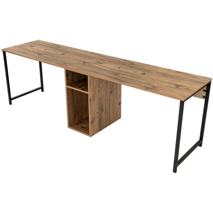 Bureau d'étude moderne avec pieds en métal - TWIN - Pin atlantique / Noir - 240 x 74 x 60 cm