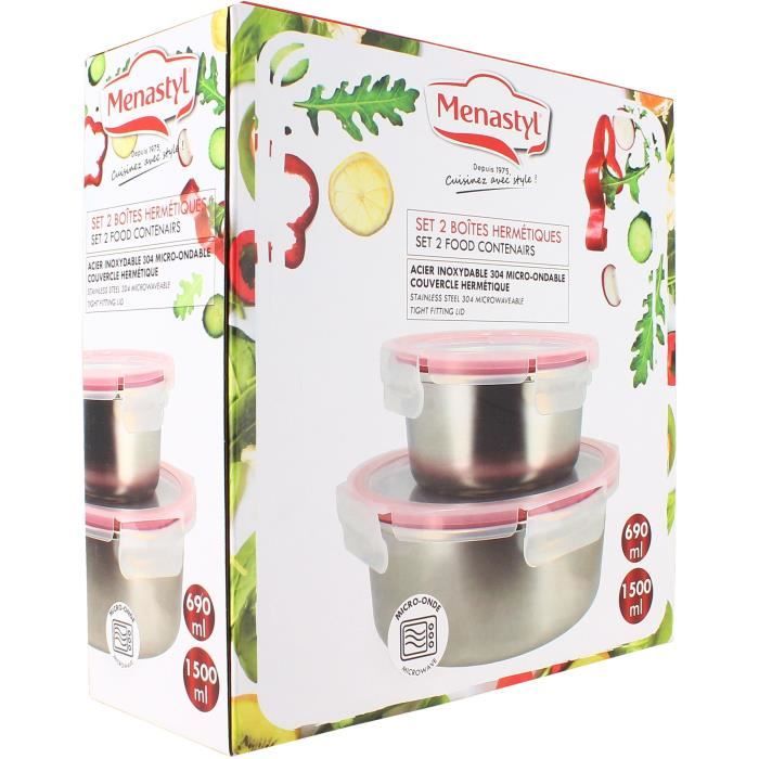 Lot de 2 boîtes hermétiques avec couvercle - MENASTYL - 5040178 - En acier inoxydable - Ronde - 15 et 20 cm - Compatibles micro-onde