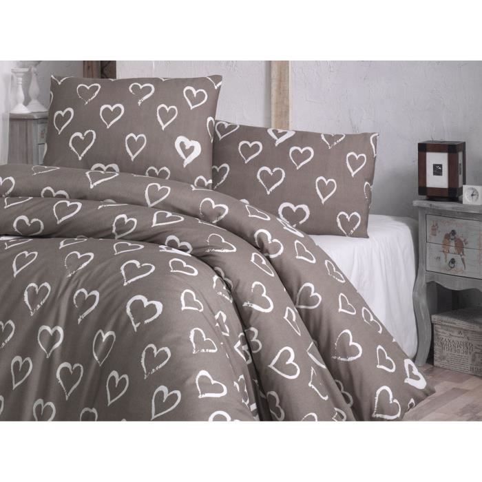 Parure de lit - 1 housse de couette 220 x 240 cm + 2 taies d'oreiller 60 x 60 cm - 65% coton, 35% polyester - Brun