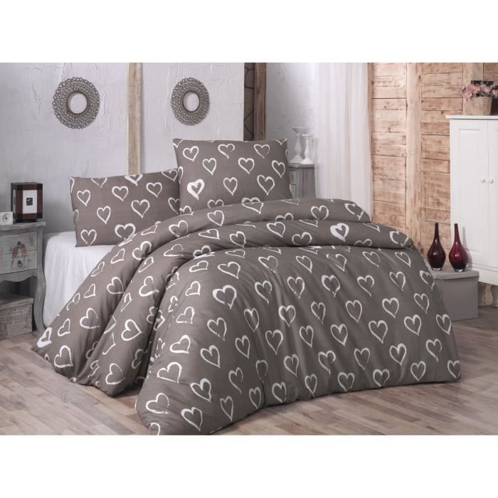 Parure de lit - 1 housse de couette 220 x 240 cm + 2 taies d'oreiller 60 x 60 cm - 65% coton, 35% polyester - Brun