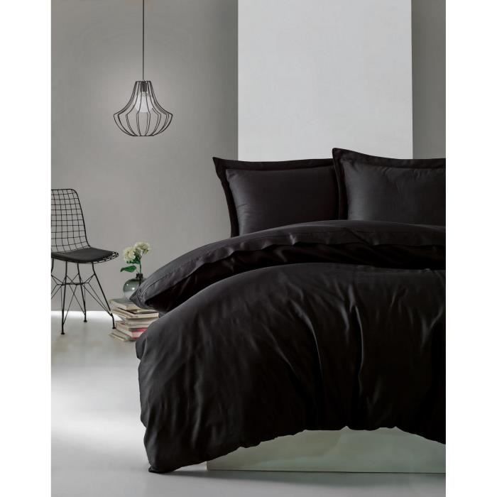 Parure de lit - 1 housse de couette 220 x 240 cm + 2 taies d'oreiller 60 x 60 cm - Satiné 100% coton - Noir