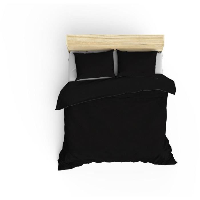 Parure de lit - 1 housse de couette 220 x 240 cm + 2 taies d'oreiller 60 x 60 cm - Satiné 100% coton - Noir