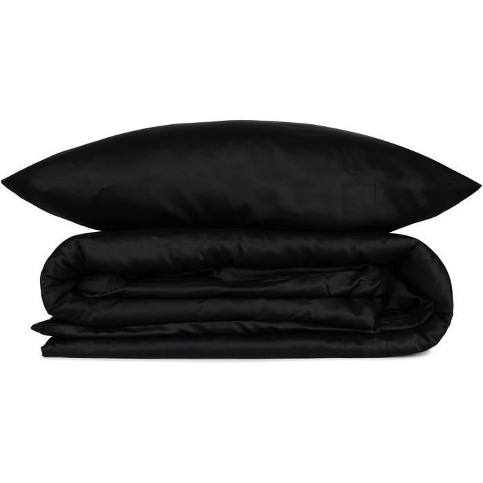 Parure de lit - 1 housse de couette 220 x 240 cm + 2 taies d'oreiller 60 x 60 cm - Satiné 100% coton - Noir