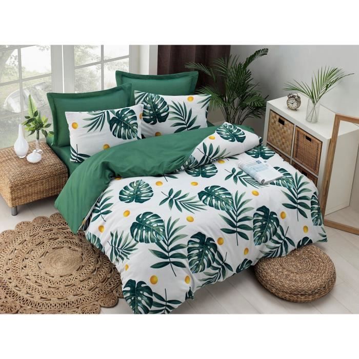 Parure de lit - 1 housse de couette 220 x 240 cm + 2 taies d'oreiller 60 x 60 cm - 65% coton, 35% polyester - Vert