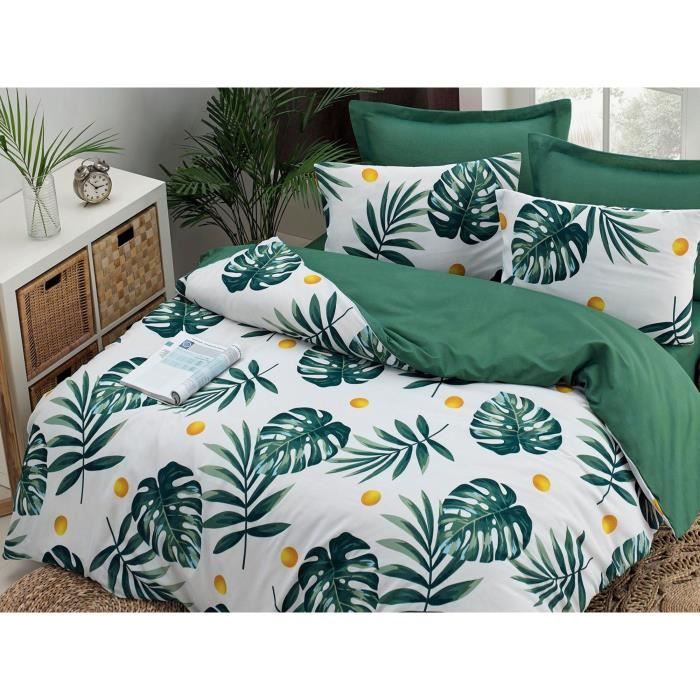 Parure de lit - 1 housse de couette 220 x 240 cm + 2 taies d'oreiller 60 x 60 cm - 65% coton, 35% polyester - Vert