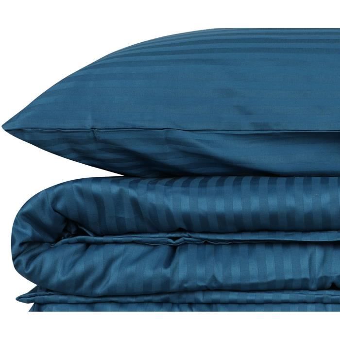 Parure de lit - 1 housse de couette 220 x 240 cm + 2 taies d'oreiller 60 x 60 cm - Satiné 100% coton - Bleu