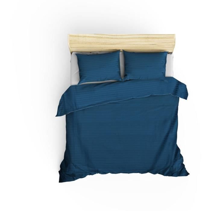 Parure de lit - 1 housse de couette 220 x 240 cm + 2 taies d'oreiller 60 x 60 cm - Satiné 100% coton - Bleu