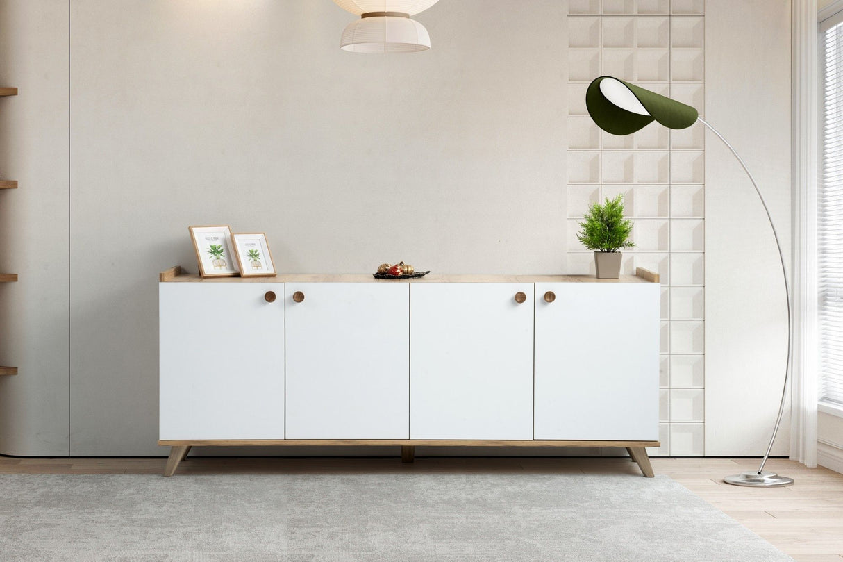 Buffet scandinave - SUMER - 4 portes - 180 x 78 x 41 cm - Chene / Blanc