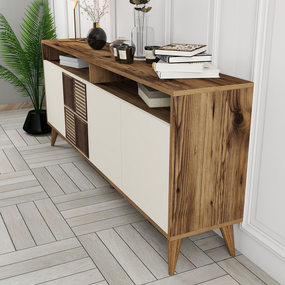 Buffet - MILAN - 4 portes - 180 x 78 x 35 cm - Noyer / Creme