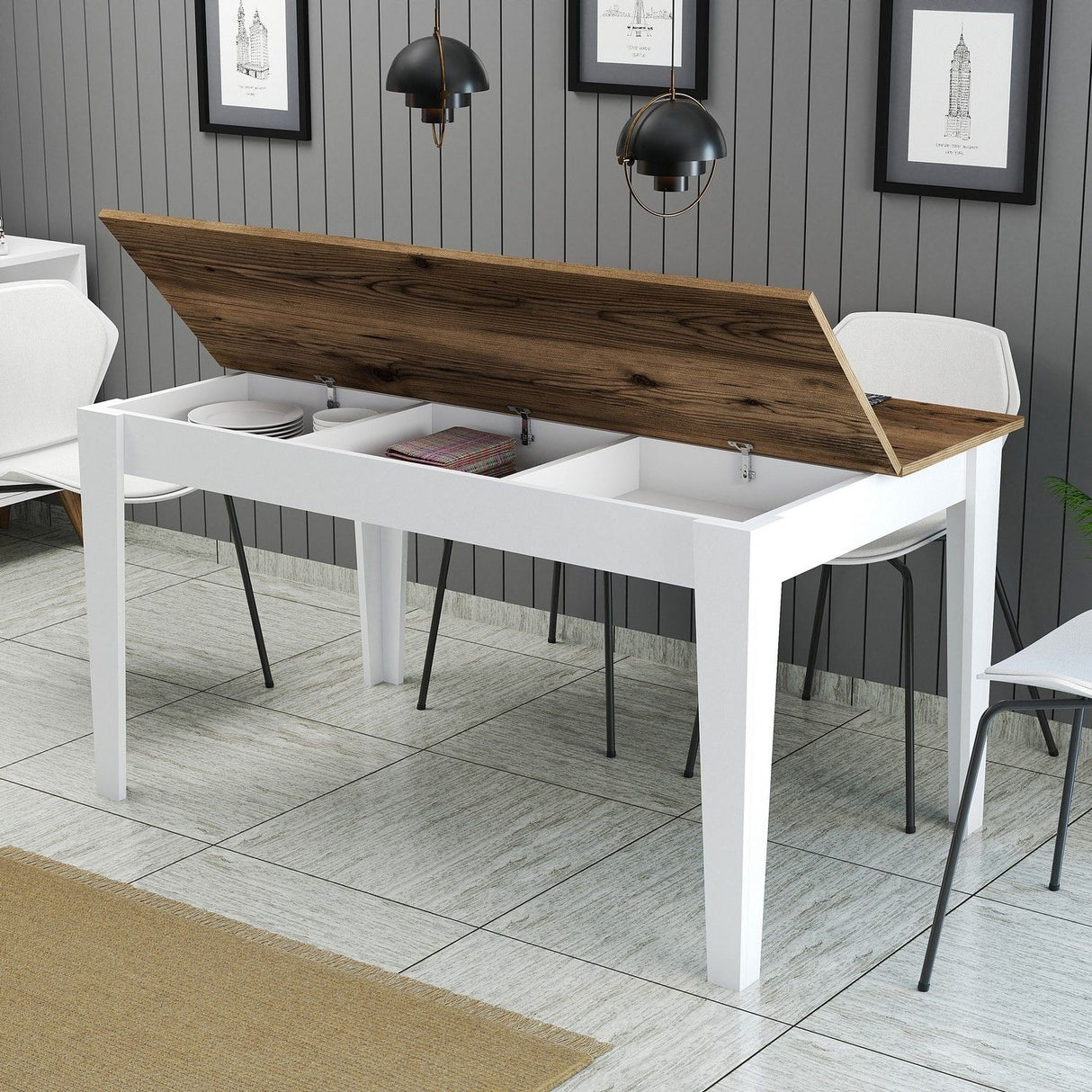 Table a manger - MILAN - Rectangulaire - 4 personnes - 145 x 75 x 88 cm - Noyer / Blanc