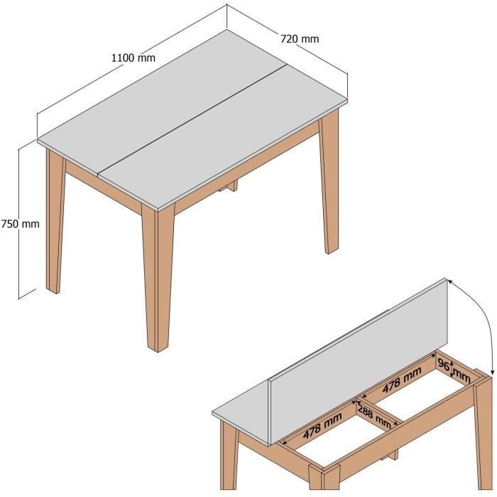 Table de cuisine avec rangement- KIEVA - Mélamine - Blanc / Chene - Rectangulaire - 4 / 6 personnes - 110 x 75 x 72 cm