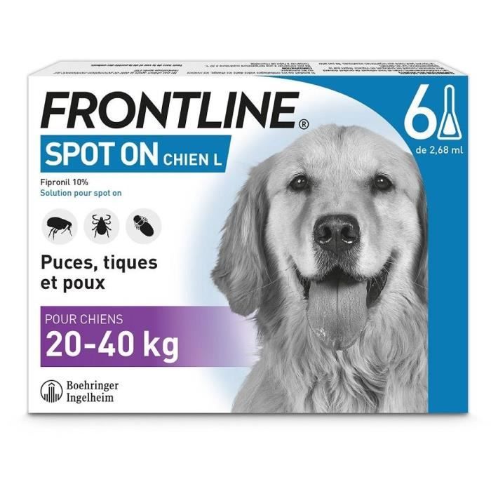 Frontline Spot On chien - Anti-puces anti-tiques pour chien L - 20-40kg - 6 pipettes