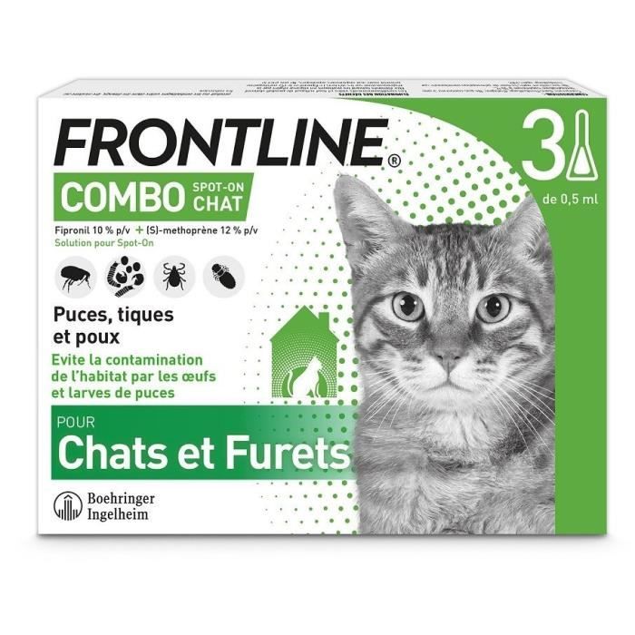 Frontline Combo chat - Anti-puces anti-tiques pour chat - 3 pipettes