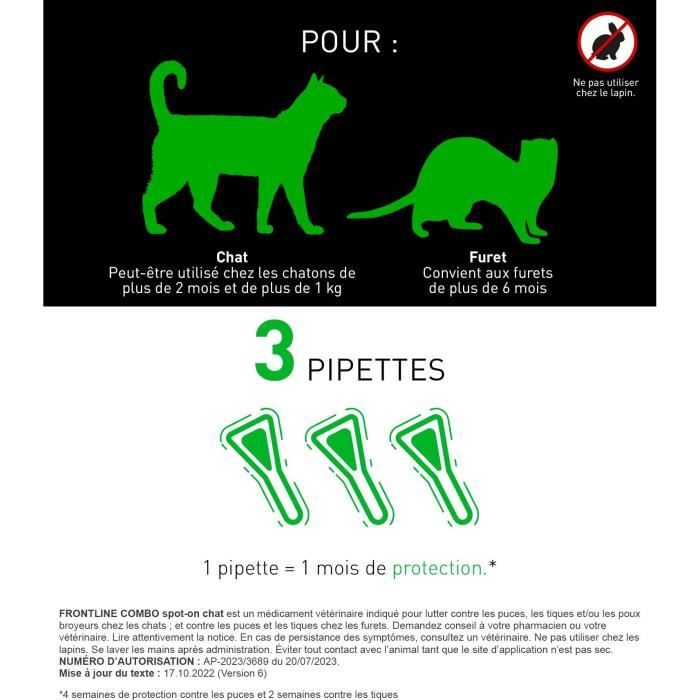 Frontline Combo chat - Anti-puces anti-tiques pour chat - 3 pipettes