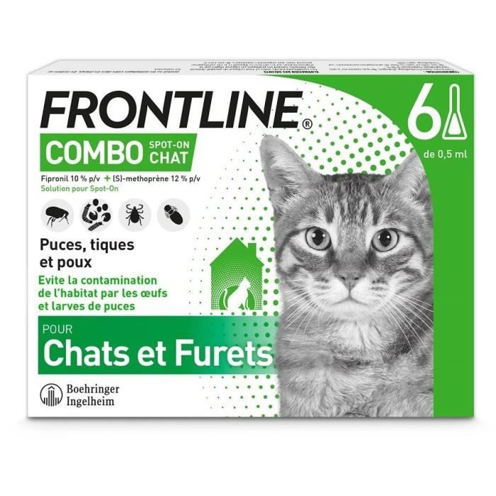Frontline Combo chat - Anti-puces anti-tiques pour chat - 6 pipettes