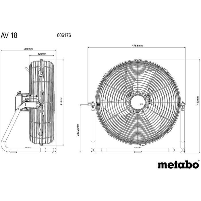 Ventilateur sans fil - METABO - AV 18 - 18 V - 3 niveaux de vitesse - Télécommande - Gris