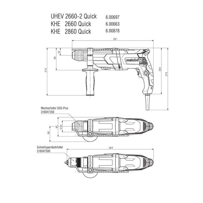 Marteau perforateur combiné - METABO - KHE 2660 Quick - SDS Plus et mandrin a serrage rapide - 3 joules