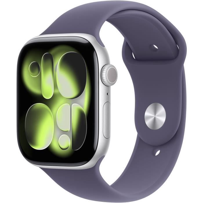 Apple Watch Series 11 GPS - 46mm - Boîtier Silver Aluminium - Bracelet Purple Fog Sport Band - S/M