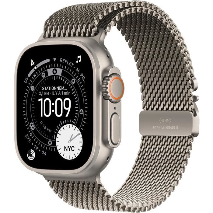 Apple Watch Ultra 3 GPS + Cellular - 49mm - Boîtier Natural Titanium - Bracelet Natural Titanium Milanese Loop - Small