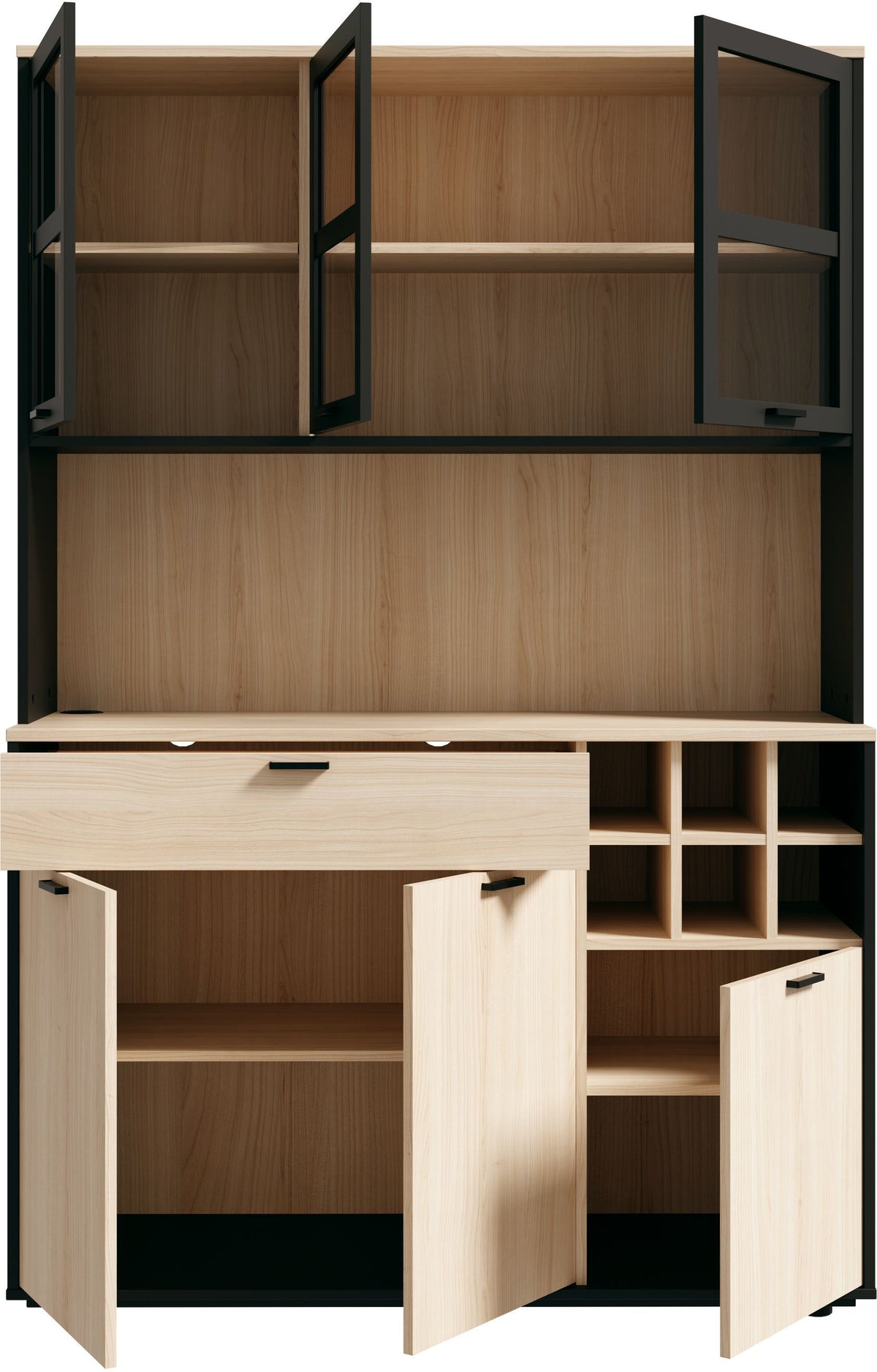 Buffet de cuisine - MANTEK - 122,8 x 41,5 x 183 cm - Chene / Noir - Style industriel - Eclairage LED inclus