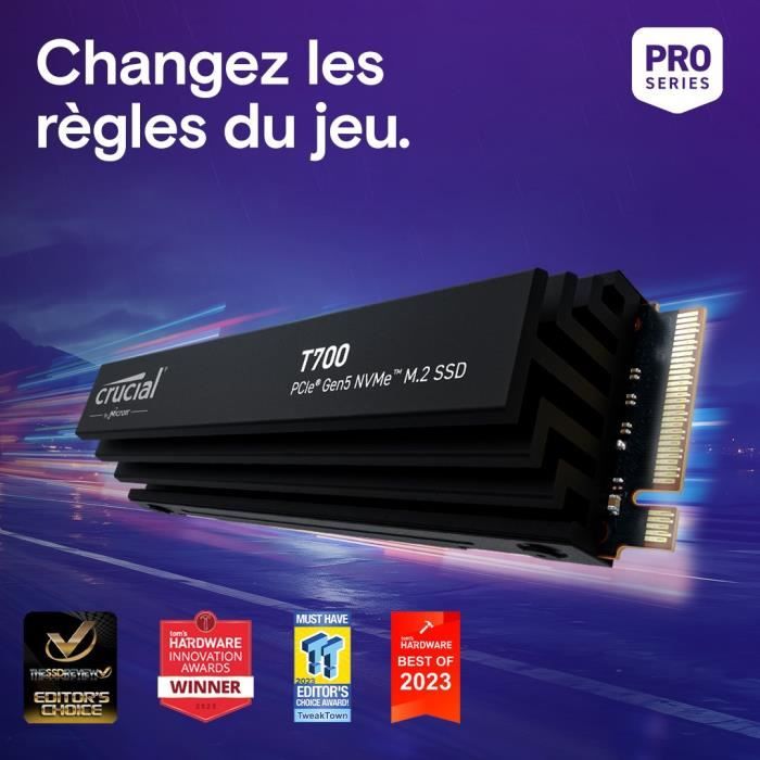 SSD interne - Crucial - T700 - 4 To - avec Diss - PCIe 5.0 - 12 400 Mo/s lecture - 11 800 Mo/s écriture
