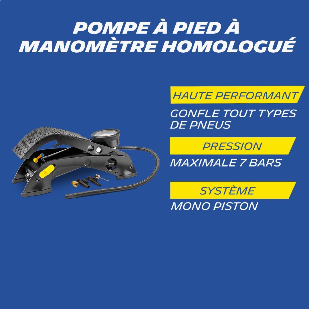 Pompe a pied a manometre homologué - MICHELIN - Modele 2023 - 7 Bars - Flexible 60 cm - Embouts de gonflage inclus