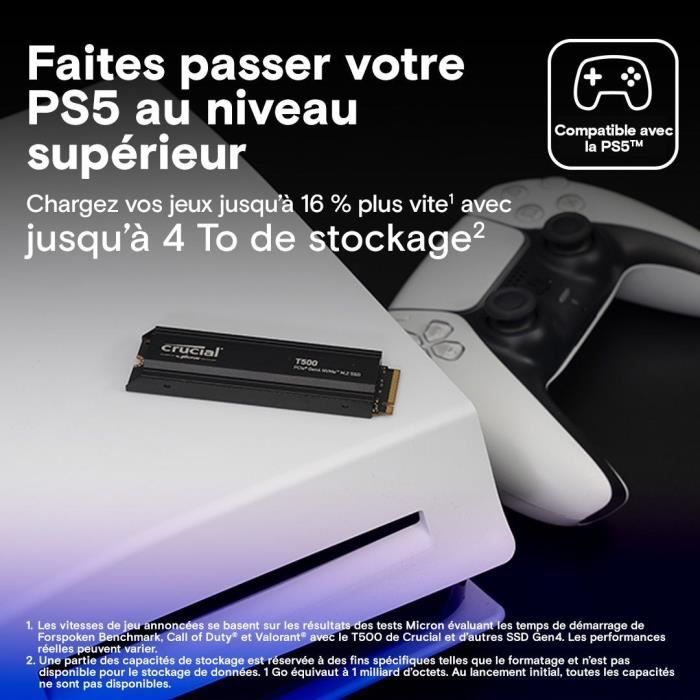 Crucial T500 SSD 1 To PCIe Gen4 NVMe M.2 PS5 SSD Interne Gaming avec Dissipateur, compatible PlayStation 5 - CT1000T500SSD5