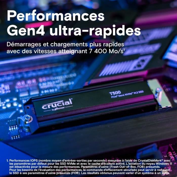 Crucial T500 SSD 1 To PCIe Gen4 NVMe M.2 PS5 SSD Interne Gaming avec Dissipateur, compatible PlayStation 5 - CT1000T500SSD5