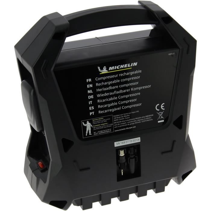 Compresseur sans fils - MICHELIN - Batterie 12V 7,2Ah 2100mA - voiture jusqu'a 3.45 bars vélo jusqu'a 6.90 bars.