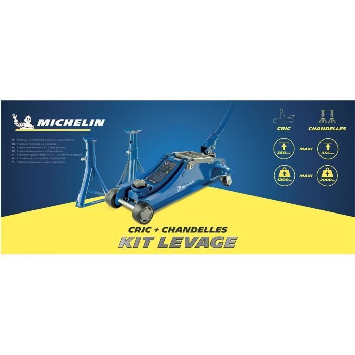 Cric hydraulique rouleur 1,8T + 2 Chandelles 2T - MICHELIN - Ht de levage cric : 105-350mm - Ht de levage chandelles : 266-355 mm