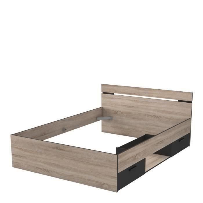 DEMEYERE Michigan Lit adulte 140x190 cm - 2 tiroirs et 1 niche - Industriel - Décor chene brossé et noir