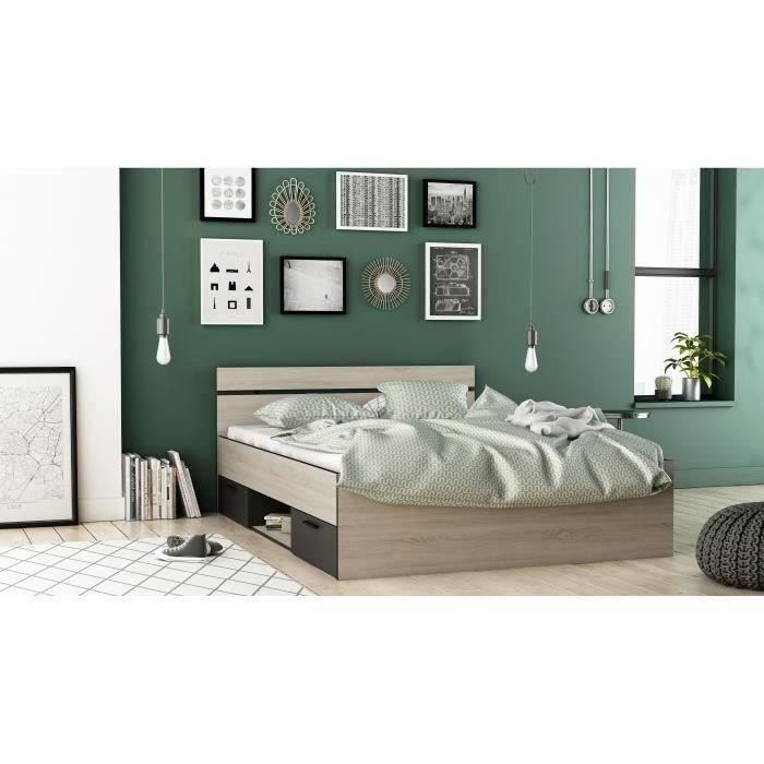 DEMEYERE Michigan Lit adulte 140x190 cm - 2 tiroirs et 1 niche - Industriel - Certifié PEFC 100% - Décor chene brossé et noir