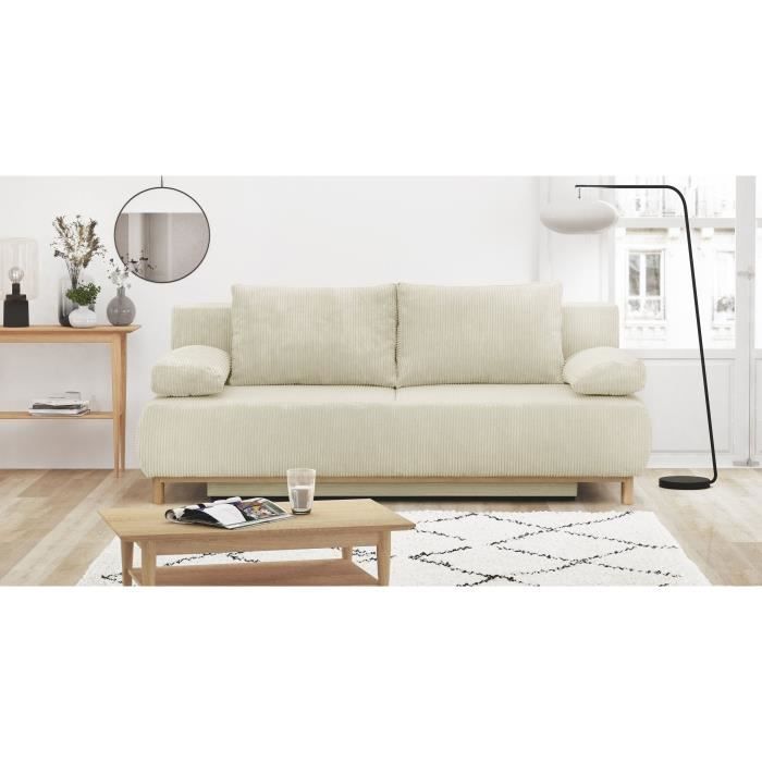 Canapé convertible - 3 places - MIKA - Velours côtelé beige - Coffre de rangement - L 192 x H 84 x P 93 cm