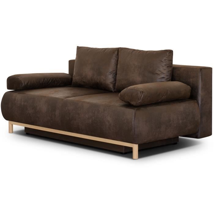 Canapé convertible - 3 places - MIKA - Tissu vintage cuir vieilli Marron foncé - Coffre - 192 x 84 x 93 cm