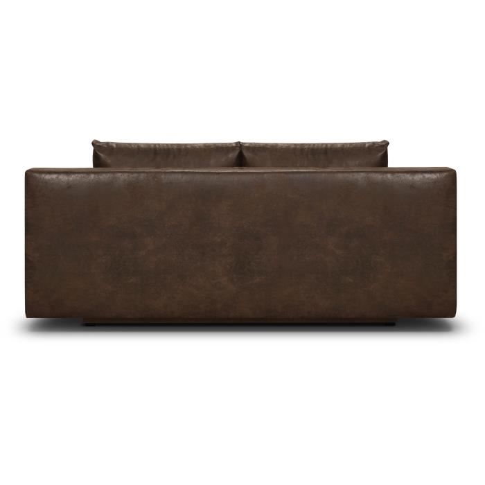 Canapé convertible - 3 places - MIKA - Tissu vintage cuir vieilli Marron foncé - Coffre - 192 x 84 x 93 cm